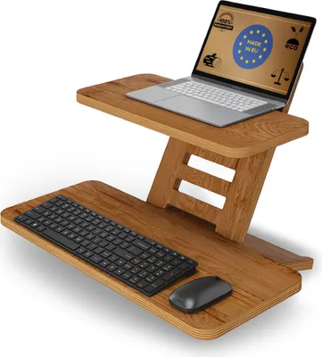 A wooden laptop stand with a keyboard and mouse on a white background.