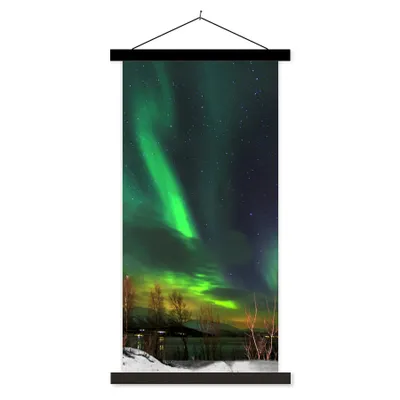 Produktbild von MuchoWow® Textilposter Nordlichter - Leuchtturm - Norwegen 60x120 cm mit schwarzem Rahmen - Magnete