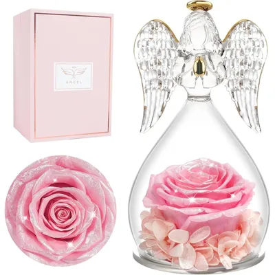 Produktbild von Engel Figur Ewige Rose Glaskuppel Geschenk für Frauen Mutter Oma Freundin Weihnachten Valentinstag Muttertag