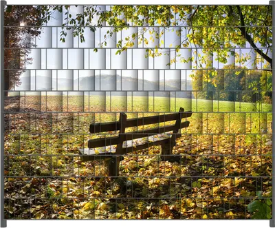 Produktbild von Wallario Zaunsichtschutz mit Motiv Idyllische Holzbank in den Bergen für Ein- und Doppelstabmatten Zäune in der Größe 250 x 200 cm