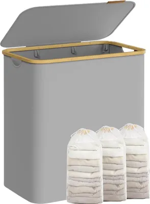 Produktbild von Songmics Wäschekorb Wäschesammler 3 Fächer Bambus 150l Grau