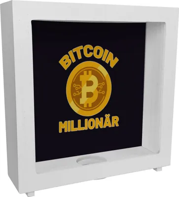Produktbild von Bitcoin Millionär Rahmen Spardose aus Holz mit schwarzem Hintergrund und