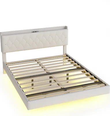 Produktbild von Polsterbett 140x200cm Doppelbett (ohne Matratze) Jugendbett Mit USB-Ladeanschluss und LED-Farbwechsel-Lichtleiste Mit Lattenrost Leinenstoff Beige