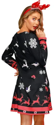 Produktbild von Damenkleid mit Rentier A-Linie Lang Weihnachtlich Bequem Schwarz XXL
