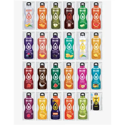 A grid of various flavors of Bolero drink powder sachets.