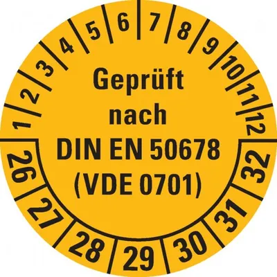 Produktbild von Dreifke® Prüfplakette  nach DIN EN 50678(VDE 0701) 26-32, gelb, Dokume...