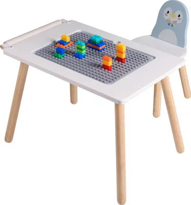 Produktbild von Sunny Pip Spieltisch mit Stuhl aus Holz Hellblau / Weiß | Multifunktionaler Kindertisch mit Stuhl, Inklusive Bauplatte für Bausteine, Wendbare Tischplatte | 65 x 40 x 44 cm