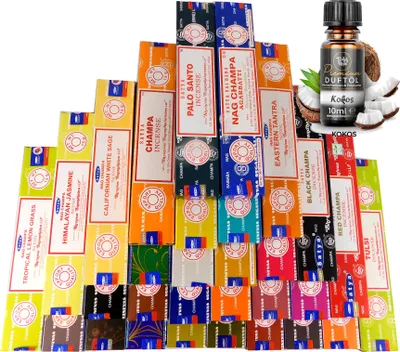 Produktbild von Satya Räucherstäbchen Set | Nag Champa Riesen-Set | 30 zufällige Düfte a 15g + 1 original Premium-Duftöl von Teufelsküche