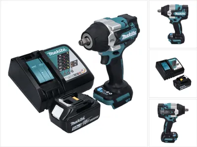 A collage of images showing a Makita cordless impact wrench, its battery, and charger from different angles.