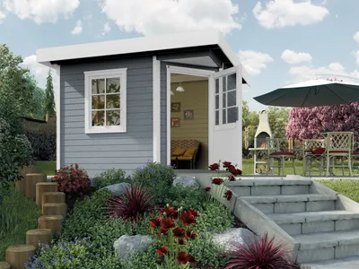 Produktbild von WEKA 213.3030.45000 Gartenhaus/Blockbohlenhaus Fides 1 /Einzeltür/Einzelfenster ; Größe: 2 ; Farbgebung: Grau ; Wandstärke: 28 mm ; Maße (LxBxH): 298 cm x 348 cm x 237 cm ; Seitenwandhöhe: 226 cm