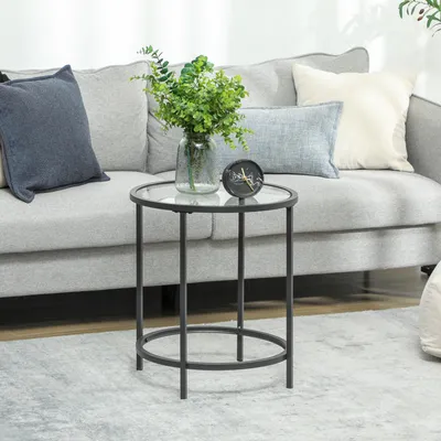 Produktbild von Beistelltisch rund mit Hartglasplatte, Sofatisch Nachttisch, Metall & Glas, Schwarz | Ø 48 x H 54,7 cm | Tragkraft 10 kg | kratzfeste Fußpads