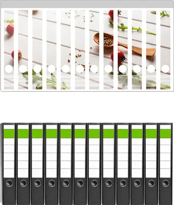 Produktbild von Wallario 12 Stück schmale Ordner inkl. Klebeetiketten mit Motive Küche  Ruccola, Tomaten und Gewürze -  Set mit Rückenschildern / Ordnerrücken Stickern