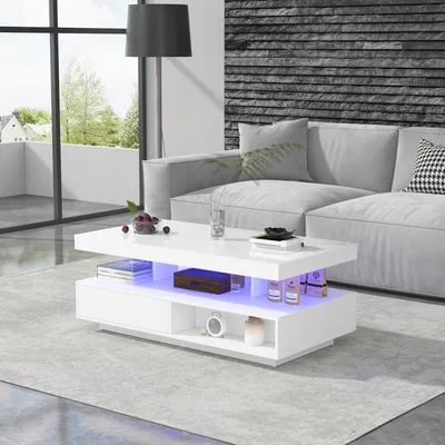 Produktbild von okwish Couchtisch Rechteckig, LED-Hochglanz Beistelltisch mit 4 Glasplatten, 2 Schubladen und 2 offenen Fächern für Schlafzimmer, Wohnzimmertische mit Stauraum fürs Wohnzimmer, Beistelltisch, Weiß