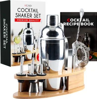 Produktbild von Cocktail Shaker Set 16-teilig aus Edelstahl | Barset für Barkeeper & Anfänger | Cocktail Zubehör inkl. Boston Shaker, Rezeptbuch, Bar Tool Set | Profi Cocktail Set für Mojito, Martini, Espresso