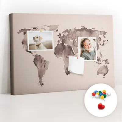 Immagine prodotto di Bacheca in sughero con puntine - Bacheca con puntine per foto e appunti - 60x40 cm - Puntine colorate (100 pezzi) - Mappa del mondo in stile acquerello