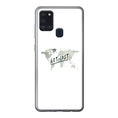 Produktbild von MuchoWow® Handyhülle Schutzhülle Hülle für Samsung Galaxy A21s Weltkarte - Grau - Zitat Silikon Softcase Handy Hülle - Hartschale