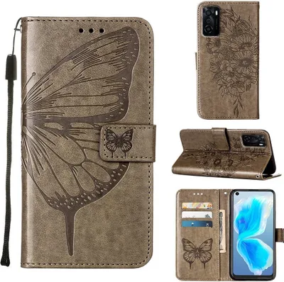 Produktbild von OPPO A55S 5G Hülle, Schmetterling Prägung Flip Leder Kartenfächer Schutzhülle Ledertasche mit Ständer für OPPO A55S 5G Grau