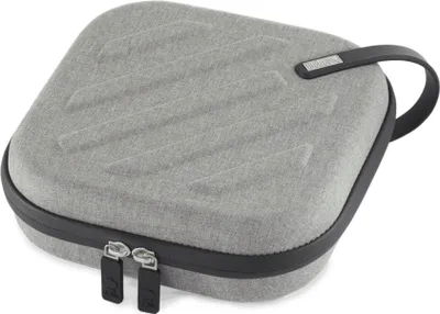 A gray storage case with a black zipper and handle, shown from a diagonal angle on a white background.