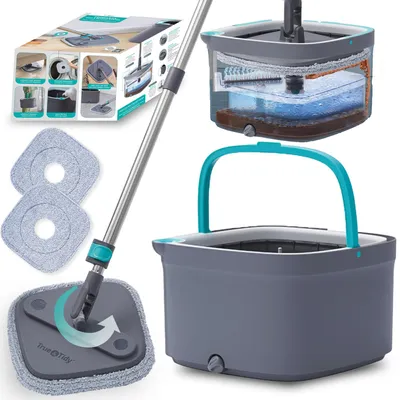 Spinnwischer-Set mit Eimer, 2 Mikrofaserpads, grau