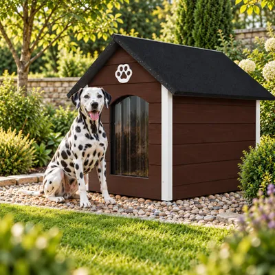 Immagine prodotto di Cuccia per cani QLS, dimensioni XL (104x74 cm), isolata, in legno, per uso esterno, colore marrone e bianco, modello 9071, Immagine generata dall'IA