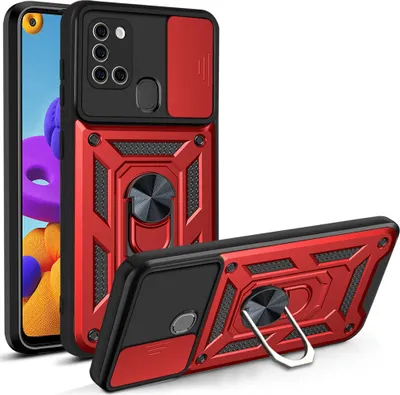 Produktbild von Galaxy A21S Hülle mit 360° Drehbarer Magnetische Ring Ständer Halter Dia Kameraschutz TPU Bumper Silikon Schutzhülle für Samsung Galaxy A21S Rot