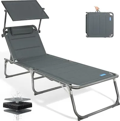 Imagen del producto de Tumbona plegable con toldo, reposacabezas, capacidad máxima de 180 kg, dimensiones 200x70 cm