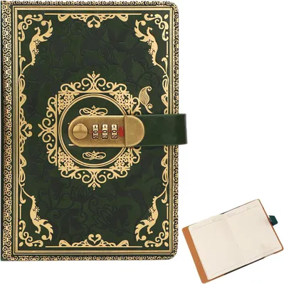 Productafbeelding van Dagboek met slot, formaat A5, 200 gelinieerde pagina's, groen kunstleer, vintage stijl, voor notities