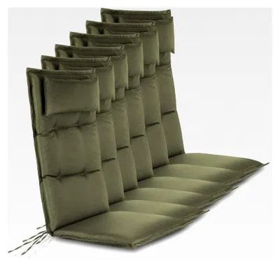 Produktbild von 6er-Set Stuhlauflagen für Hochlehner mit Kissen 120x50 cm aus wasserdichtem und pflegeleichtem Outdoor-Material - Gepolsterte Gartenstuhlauflagen für Innen und Außen in Oliv