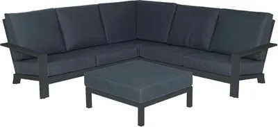 A dark gray sectional outdoor sofa with a matching ottoman, shown on a white background.