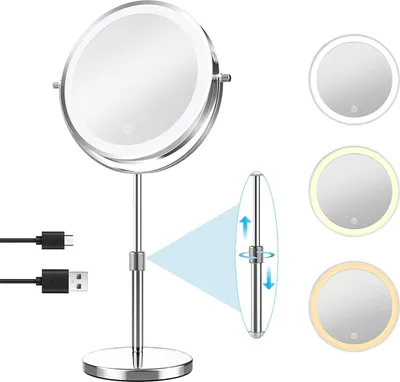 A makeup mirror with LED lights and adjustable height, shown with different lighting options and charging cables.