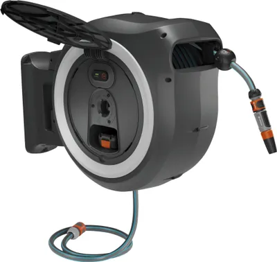 A wall-mounted automatic hose reel with a hose extended.
