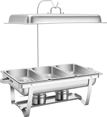 Immagine prodotto di Scaldavivande da catering in acciaio inossidabile 410 - Chafing dish per buffet - Portatile - Coperchio rimovibile - 2 vasche di cottura - Mantiene i cibi caldi/freddi - Argento