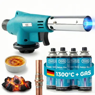 Produktbild von Lötbrenner Gasbrenner Bunsenbrenner SET |TOM GB-227| mit 4 x 227g Gaskartuschen | 1300W | 94,5 g/h | Piezozündung
