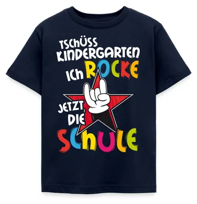 Produktbild von Spreadshirt Tschüss Kindergarten Ich Rocke Jetzt Die Schule Kinder T-Shirt, 122/128 (7-8 Jahre), Navy