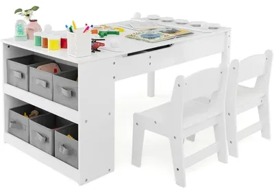 Produktbild von Kindertisch mit 2 Stühlen, 3-in-1 Maltisch mit kippbarer Tischplatte, 6 Stoffboxen, Papierrolle, Stauraum, Weiß