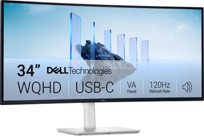 A Dell monitor with text overlays describing its features.