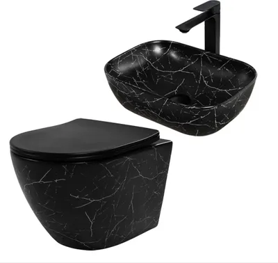 Produktbild von Hängende WC + Aufsatzwaschbecken Toilettenschüssel Waschbecken Marmor Schwarz