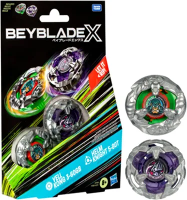 A product package for a Beyblade X toy set, with the toy itself visible through a clear plastic window. Two individual Beyblade toys are shown separately to the right of the package.