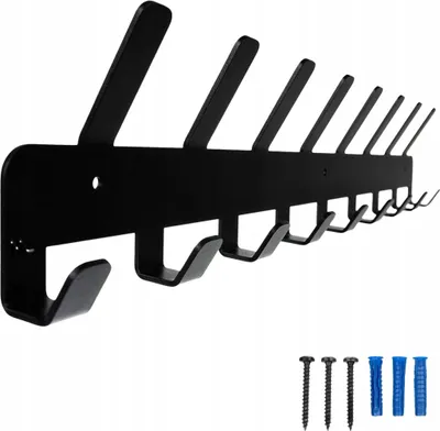 A black metal wall-mounted coat rack with 17 hooks is shown against a white background. Mounting hardware is visible in the bottom right corner.
