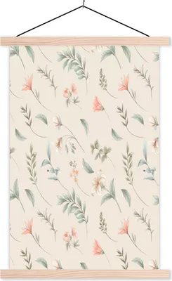 Produktbild von MuchoWow® Textilposter Blumen - Blätter - Muster 120x180 cm mit holzfarbenen Rahmen - Textil-Plakat