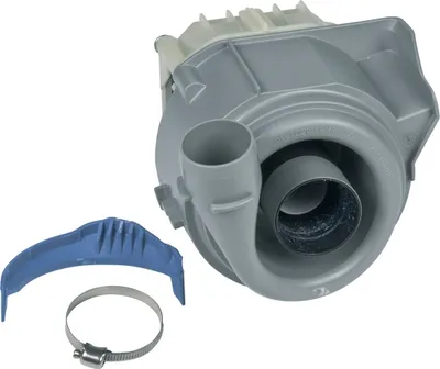 A dishwasher pump and accessories on a white background.