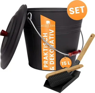 Produktbild von BLACK OAK Ascheeimer KATLA 15L – Set mit Schaufel & Besen schwarz rund mit Deckel Stahl