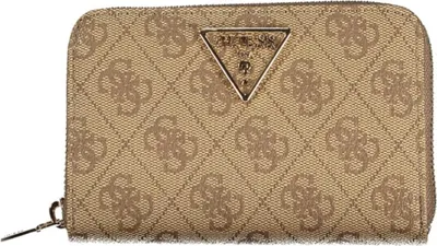 A brown Guess wallet with a repeating logo pattern.