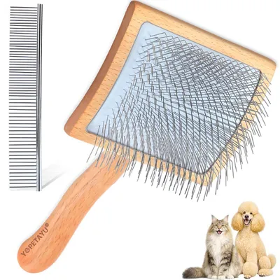 Immagine prodotto di Spazzola lisciante per cani e gatti con manico in legno e pettine per il pelo – ideale per pelo lungo, sottopelo e nodi