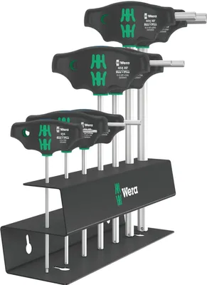 A set of Wera T-handle hex keys is displayed on a black stand.