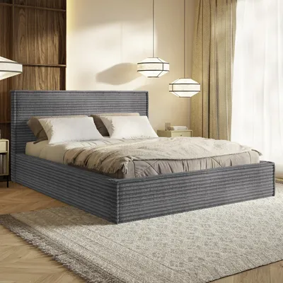 Produktbild von MOTIVENA Boho Polsterbett 140x200 mit Bettkasten, Metall Latttenrost, Bett 140x200 Grau Cord (Tilia 90)