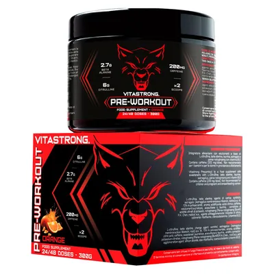Produktbild von Vitastrong Pre Workout Booster mit Koffein 300g, mit Vitamin B12, Citrullin, Beta-Alanin, Koffein Pulver, Taurin Pulver, AstraGin, (Orange)