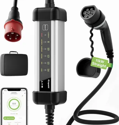 Image de Borne de recharge mobile 11 kW, triphasée, avec connecteur de type 2, câble de 5 mètres, prise CEE et contrôle via application
