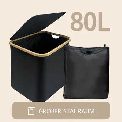 Produktbild von WAOHO Faltbarer Wäschekorb mit Deckel 80L Abnehmbarer Wäschesack ,Faltbarer Bambus-Wäschesortierer und wasserdichtes Oxford-Tuch(Schwarz)