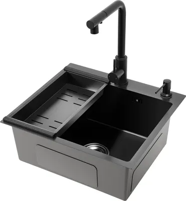 Produktbild von Küchenspüle - Einzelbecken 50 x 45 cm - Edelstahl - Mit ausziehbarer Armatur - Siebkorb - 2 Löcher - Schwarz